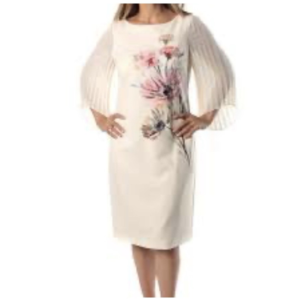 Jacques Vert Ivory Floral Dress Flutter Sleeve 14